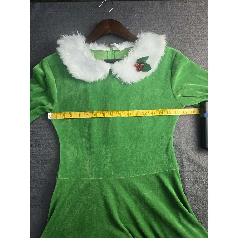 Women's Christmas Elf Costume Dress Green Faux Fur Holiday Adult One Size
